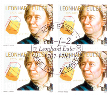 Swiss stamp celebrating the 300 years of Euler's birth.
